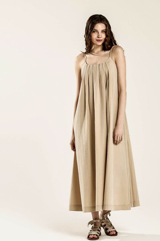 Sleeveless Tuck Detail Dress with Tie Back | in Taupe | view 5 | noflik | us.meeeshop