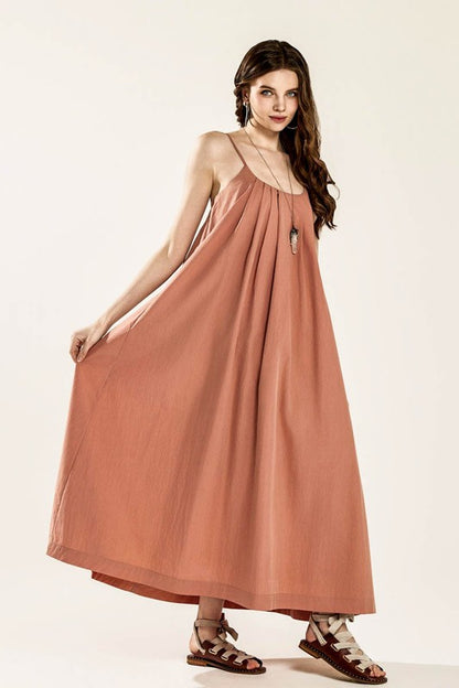 Sleeveless Tuck Detail Dress with Tie Back | in salmon | view 9 | noflik | us.meeeshop