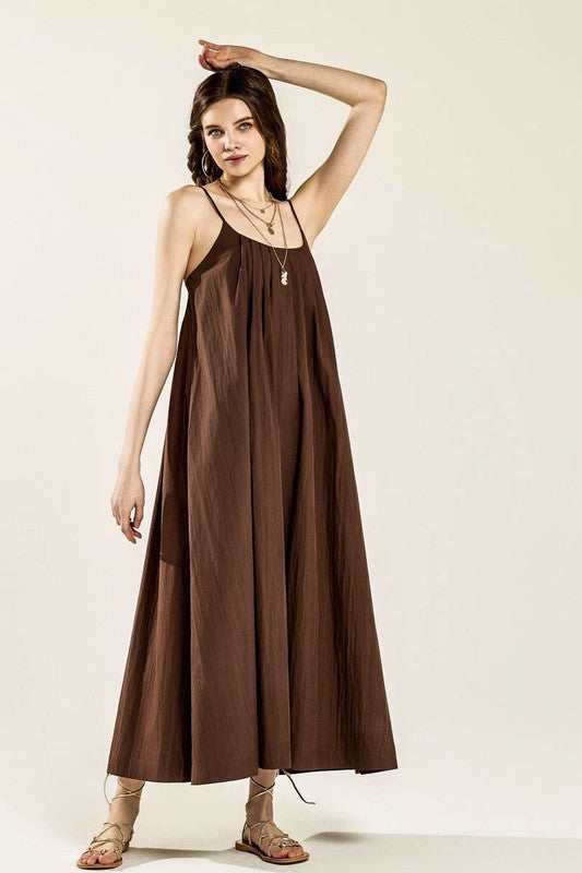 Sleeveless Tuck Detail Dress with Tie Back | in Chocolate | view 13 | noflik | us.meeeshop