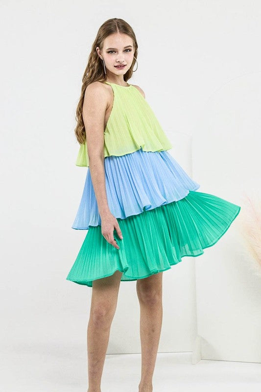 Plus Tiered Pleated Swing Halter Mini Dress | in LIME/BLUE/GREEN | view 3 | noflik | us.meeeshop