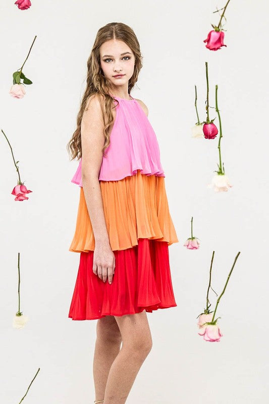 Plus Tiered Pleated Swing Halter Mini Dress | view 2 | noflik | us.meeeshop