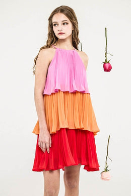 Plus Tiered Pleated Swing Halter Mini Dress