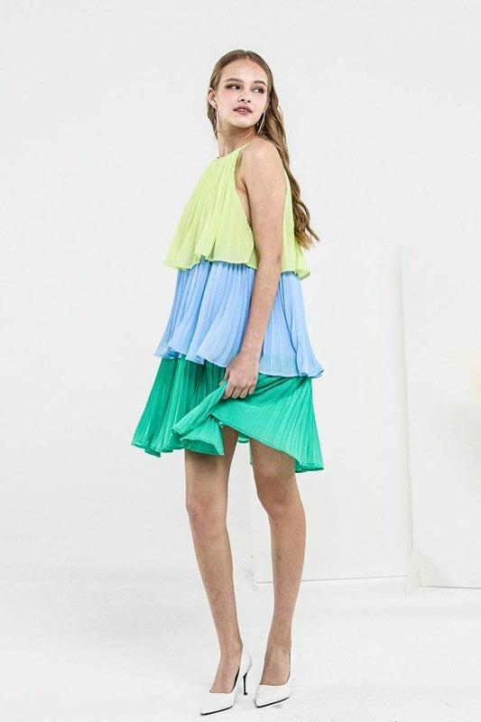 Tiered Pleated Swing Halter Mini Dress (women's dresses) view 2 - shop at us.meeeshop