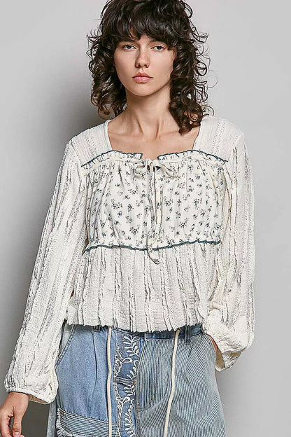 pol square neck Pol Square Neck Lace Long Balloon Sleeve Top CREAM (top) - shop at us.meeeshop