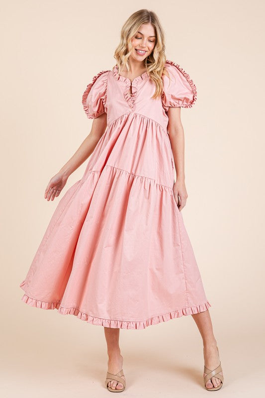 GeeGee Ruffle Trim Puff Sleeve Tiered Babydoll Midi Dress - us.meeeshop