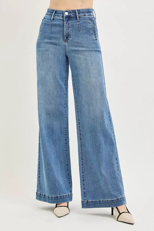 risen tummy control RISEN Tummy Control Elastic Band High Rise Wide Jeans view 2 (bottom) - shop at us.meeeshop