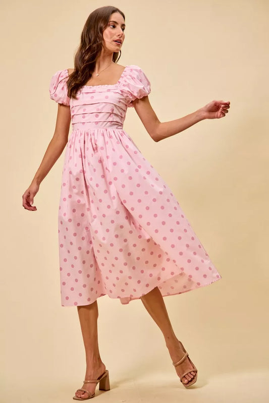 So Me Polka Cotton Print Short Sleeves Midi Dress PINK - Women's Dress | MeeeShop