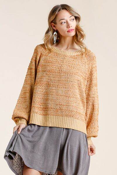 Umgee Ribbed Hem Round Neck Long Sleeve Popcorn Sweater Plus Size - us.meeeshop