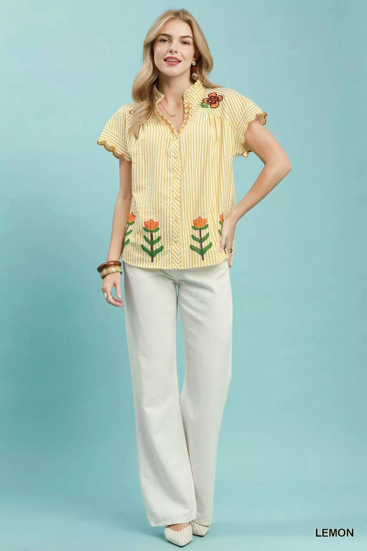 umgee embroidered stripe Umgee Embroidered Stripe Button Front Top view 3 (top) - shop at us.meeeshop