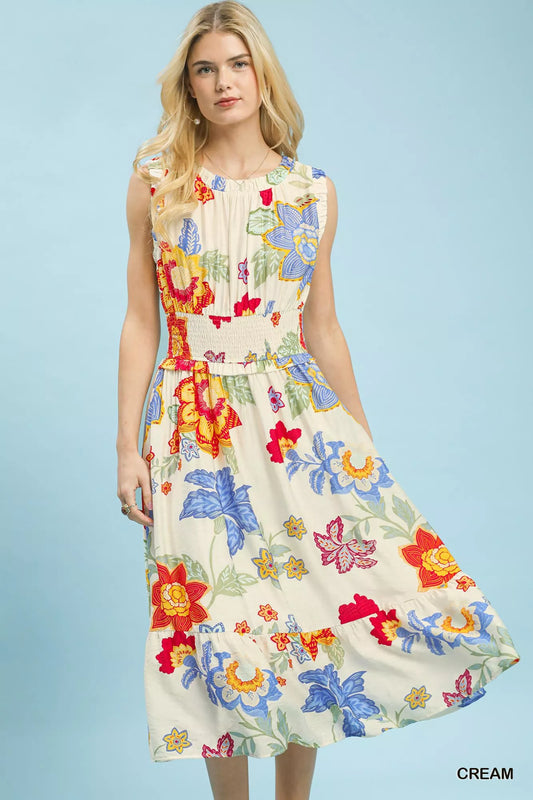 umgee floral smocked Umgee Floral Smocked Midi Dress CREAM (dress) - shop at us.meeeshop