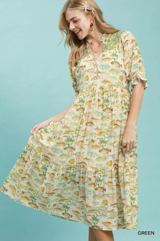 umgee print tiered Umgee Print Tiered Midi Dress GREEN (dress) - shop at us.meeeshop