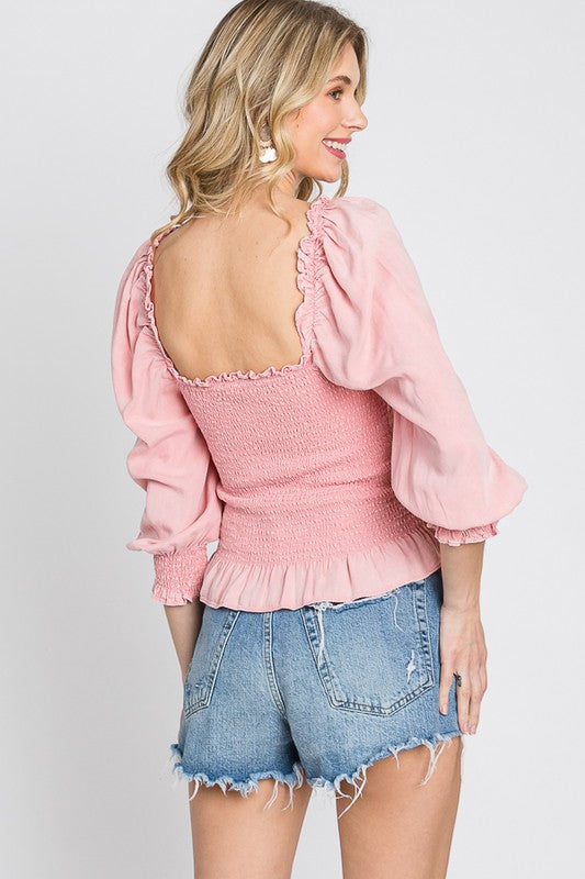 GeeGee | Ruffled Smocked Frill Square Neck Top Plus Size - us.meeeshop