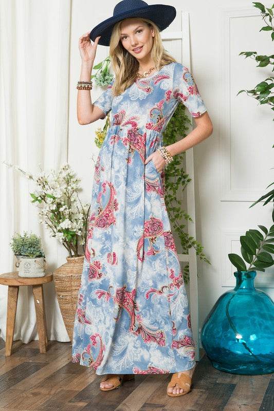 Celeste | Paisley Print Short Sleeve Maxi Dress with Pockets Plus Size - us.meeeshop