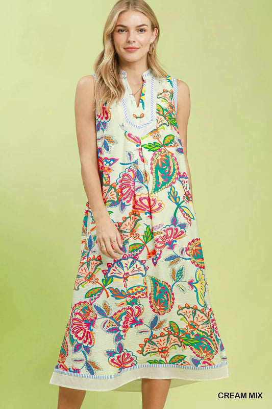 umgee paisley floral Umgee Paisley Floral Sleeveless Midi Dress CREAM MIX (dress) - shop at us.meeeshop