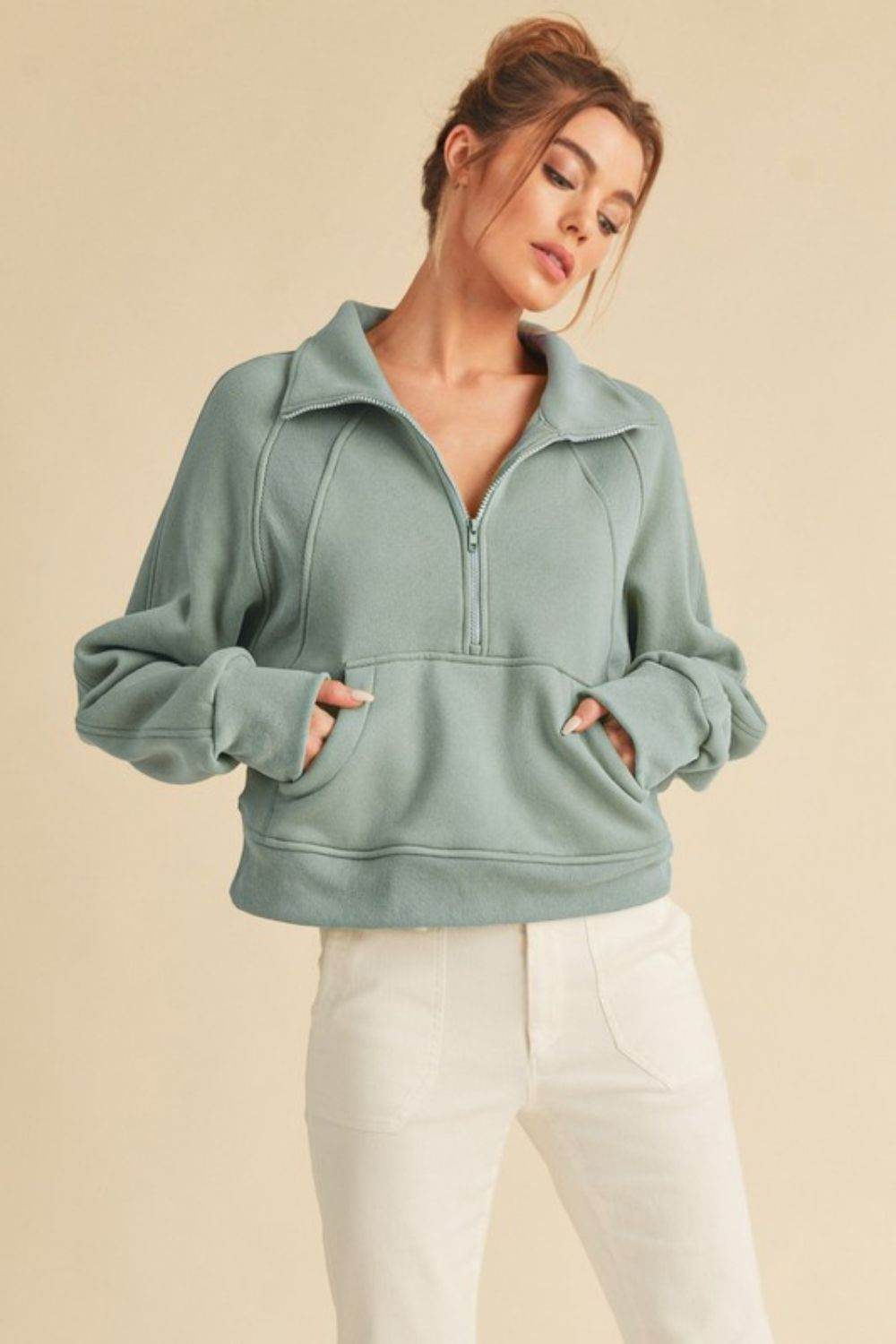 Aemi + Co Half Zip Raglan Sleeve Hoodie with Kangaroo Pocket in Pale Blue - us.meeeshop