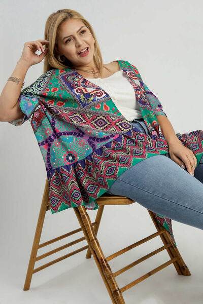 Umgee Mixed Print Ruffle Hem Open Front Cover Up Plus Size - us.meeeshop