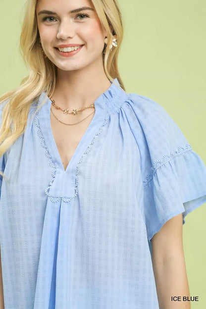 umgee gingham puff Umgee Gingham Puff Sleeve Top with Lace Trim view 5 (top) - shop at us.meeeshop