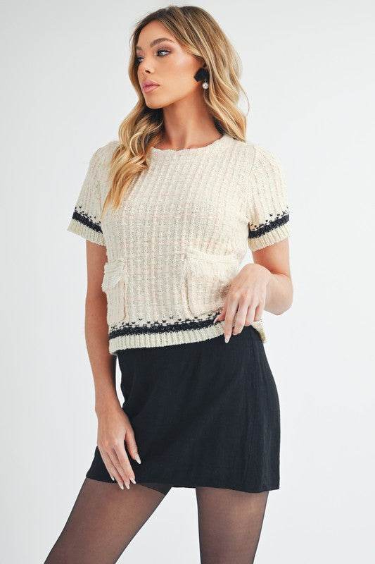 Aemi + Co Round Neck Short Sleeve Tweed Sweater - us.meeeshop