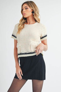 Aemi + Co Round Neck Short Sleeve Tweed Sweater