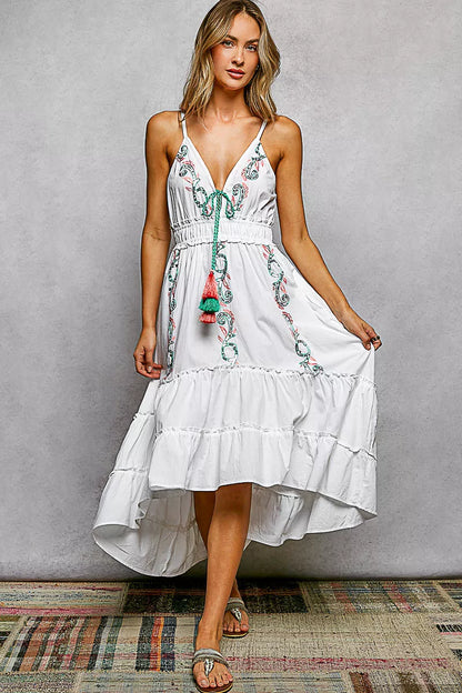 pol embroidered detail Pol Embroidered Detail Tassel Tie Smocked Waist Midi Tiered Cami Dress IVORY (dress) - shop at us.meee