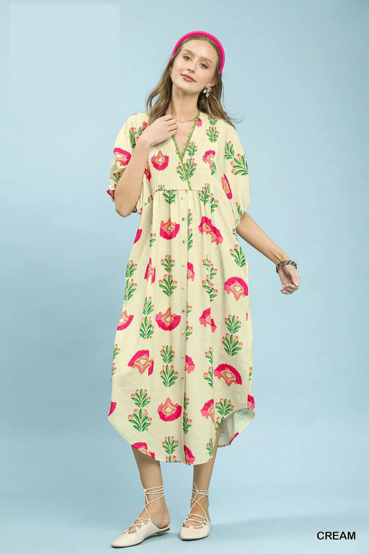 Umgee Abstract Print V-Neck Midi Dress (women's dresses) view 2 - shop at us.meeeshop
