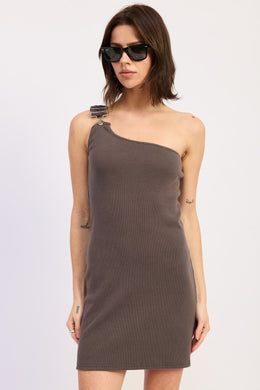 One Shoulder Ribbed Mini Dress with Buckle Detail