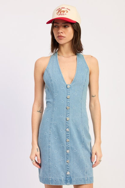Mini Denim Halter Dress with Heart Button Accents | in LIGHT BLUE DENIM | Emory Park | us.meeeshop
