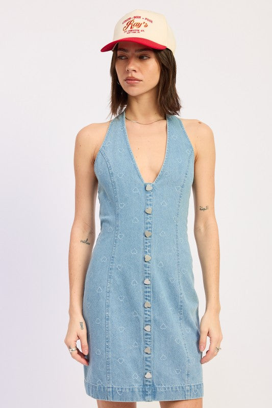 mini denim halter Mini Denim Halter Dress with Heart Button Accents LIGHT BLUE DENIM (dress) - shop at us.meeeshop