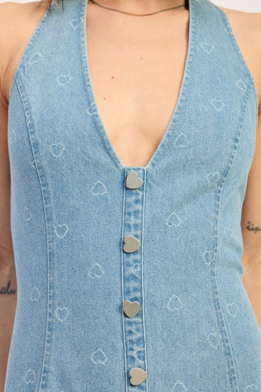 Mini Denim Halter Dress with Heart Button Accents | view 3 | Emory Park | us.meeeshop
