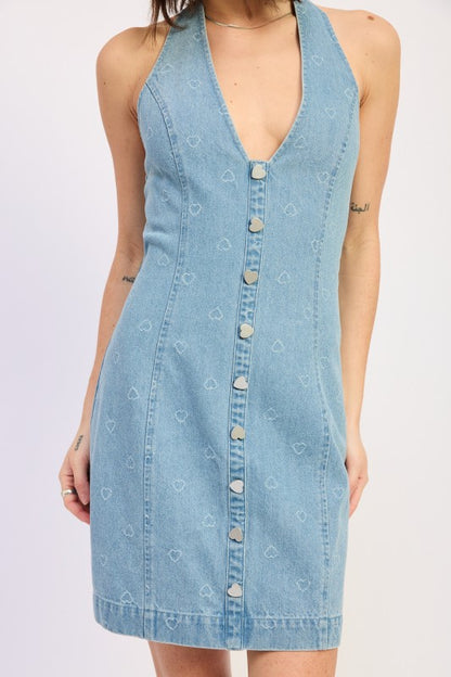 Mini Denim Halter Dress with Heart Button Accents | view 2 | Emory Park | us.meeeshop