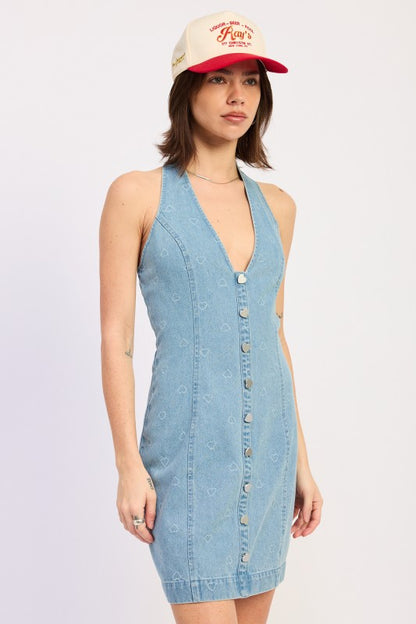 Mini Denim Halter Dress with Heart Button Accents | view 6 | Emory Park | us.meeeshop