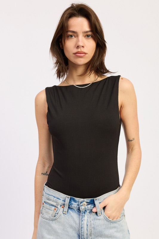 Sleeveless Boat Neck Bodysuit and Back Trim Detail (women's shirts & tops) view 2 - shop at us.meeeshop