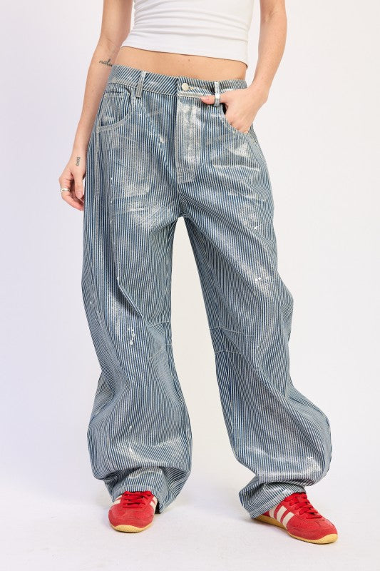Mid Rise Striiped Baggy Jeans us.meeeshop -  Pants