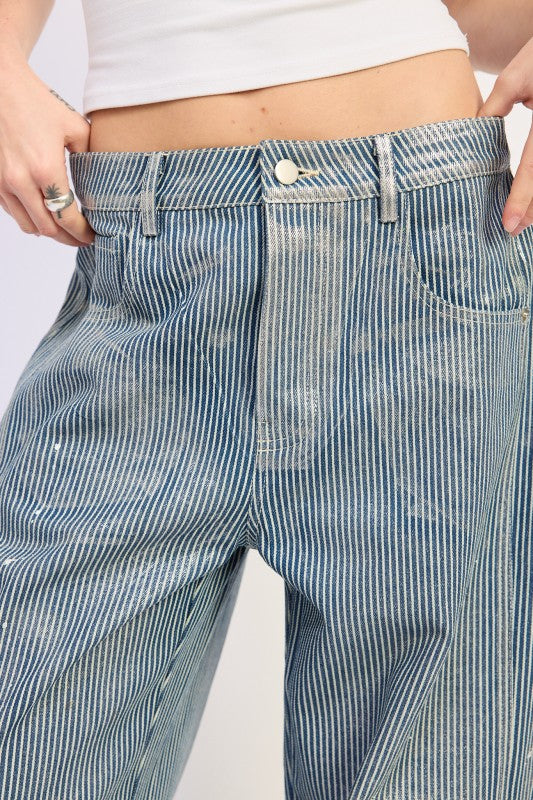 Mid Rise Striiped Baggy Jeans us.meeeshop -  Pants
