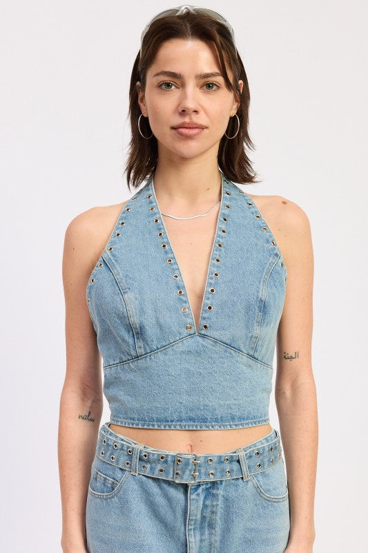 halter denim top Halter Denim Top with Grommet view 2 (top) - shop at us.meeeshop
