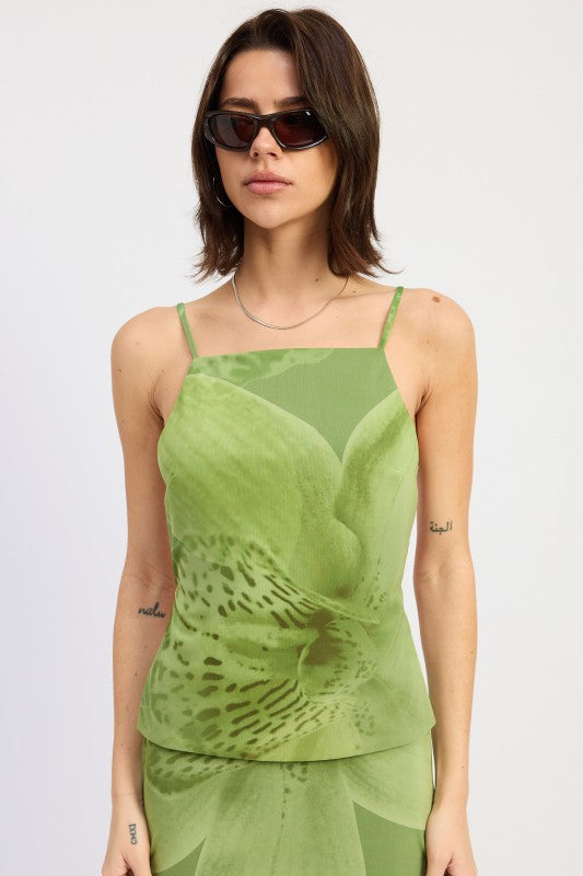 printed sleeveless top Printed Sleeveless Top with Open Back GREEN FLORAL (top) - shop at us.meeeshop