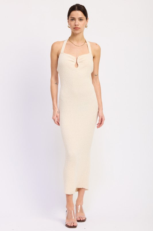 Halter Neck Bodycon Midi Dress with Open Back | in IVORY | Emory Park | us.meeeshop