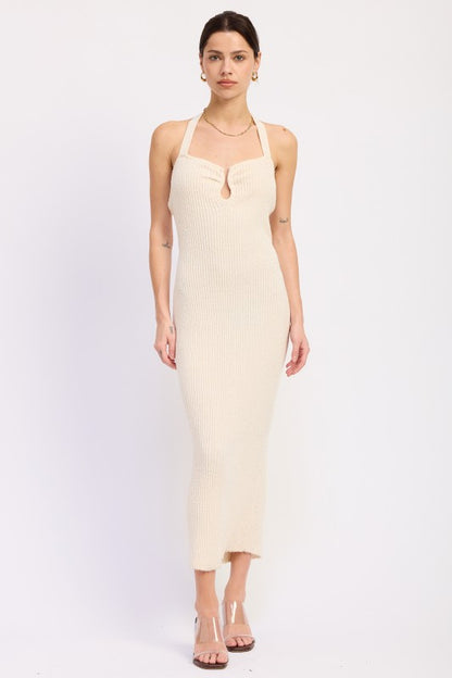Halter Neck Bodycon Midi Dress with Open Back | in IVORY | Emory Park | us.meeeshop