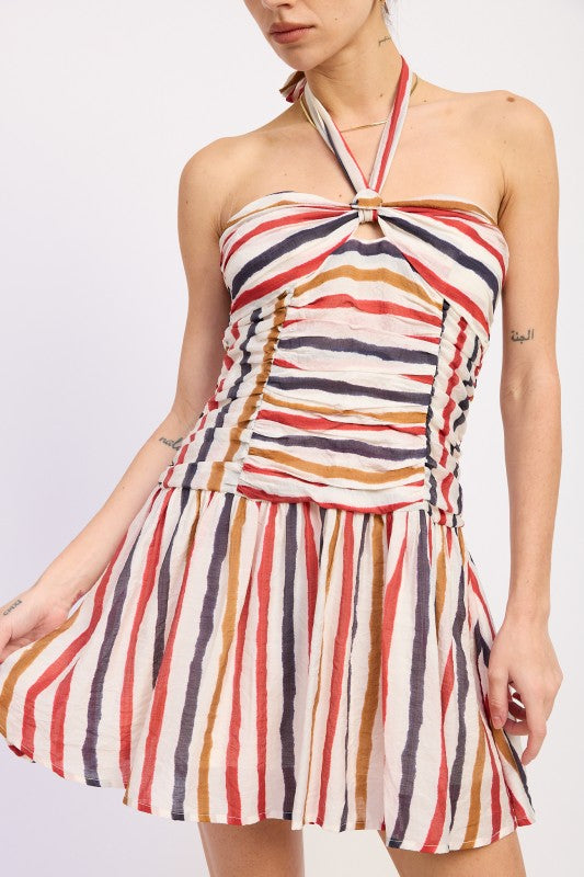 Striped Sleeveless Mini Dress with Neck Tie (women's dresses) view 2 - shop at us.meeeshop