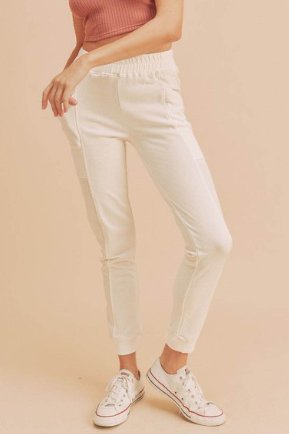 Aemi + Co Elastic Waist Joggers with Pockets in White - us.meeeshop