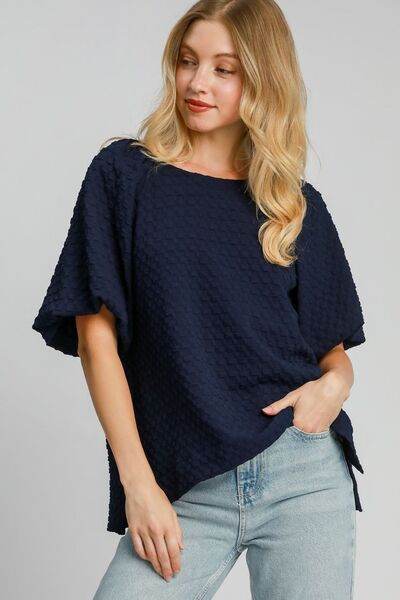 Umgee | Boxy Cut Jacquard Round Neck Top with Side Slit Plus Size - us.meeeshop