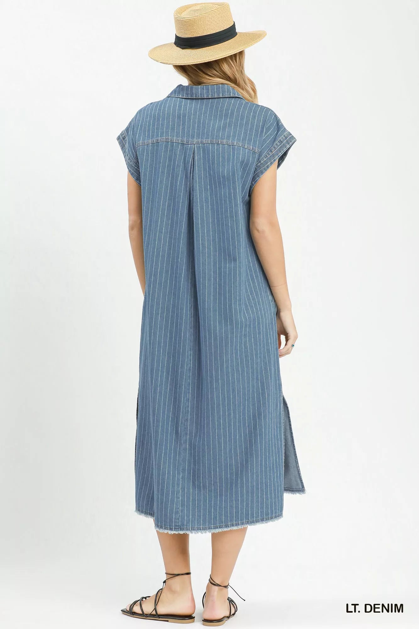 umgee pinstripe denim Umgee Pinstripe Denim Collared Midi Dress with Side Slits view 3 (dress) - shop at us.meeeshop