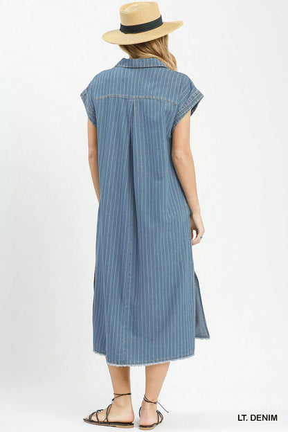 umgee pinstripe denim Umgee Pinstripe Denim Collared Midi Dress with Side Slits view 3 (dress) - shop at us.meeeshop