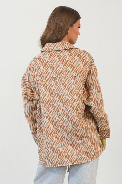 HYFVE Zebra Print Snap Down Long Sleeve Shacket In Camel