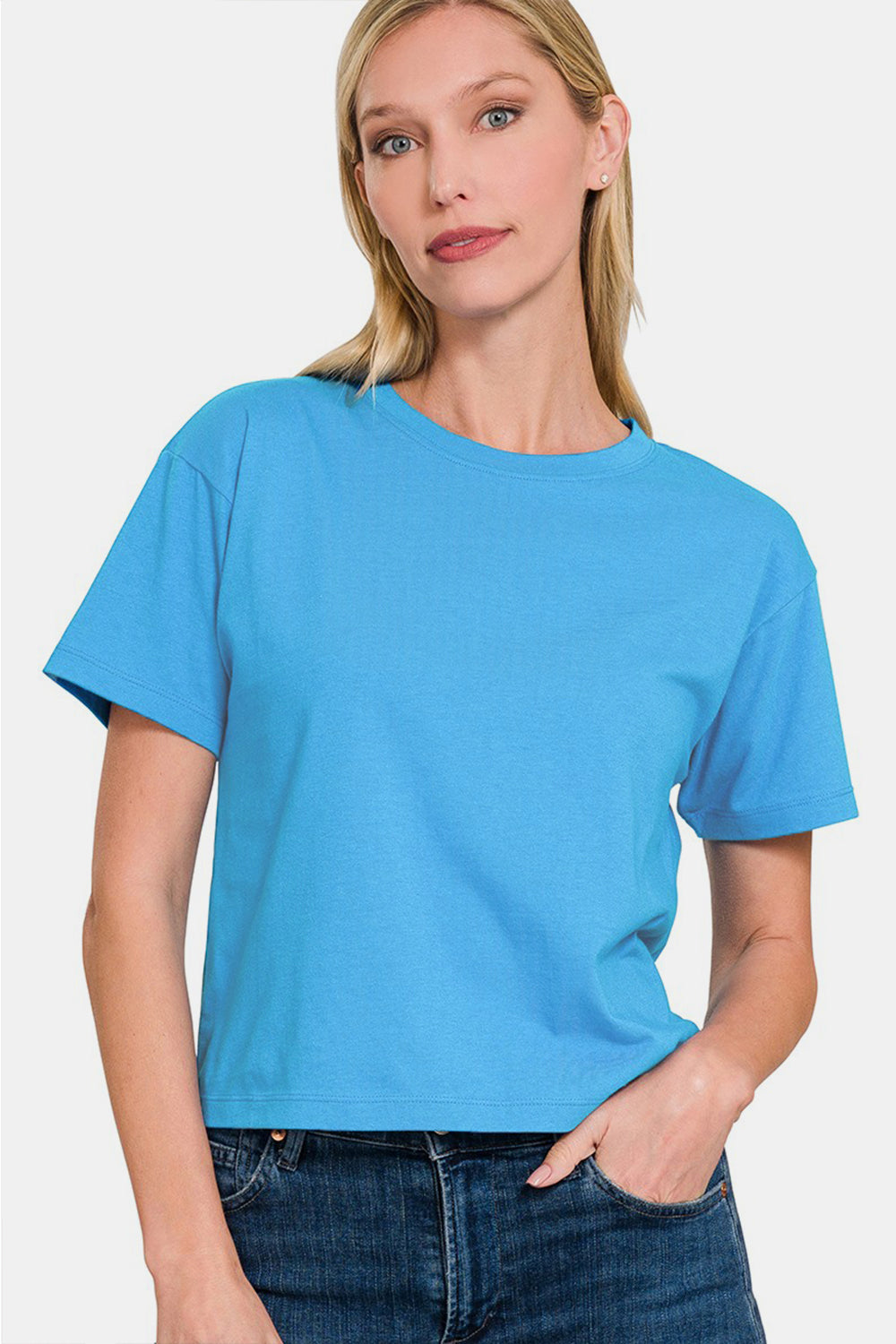 Zenana Round Neck Short Sleeve Cropped T-Shirt | us.meeeshop