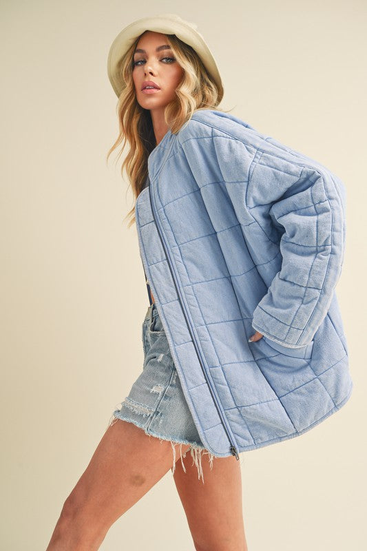 Aemi + Co Zip Up Drop Shoulder Quilted Washed Jacket in Light Blue - us.meeeshop