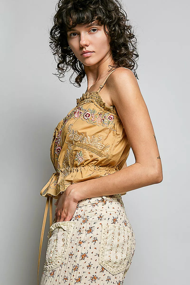pol button down POL Button Down Floral Embroidered Cropped Cami with Lace Detail view 3 (top) - shop at us.meeeshop