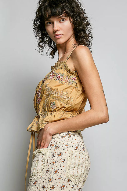pol button down POL Button Down Floral Embroidered Cropped Cami with Lace Detail view 3 (top) - shop at us.meeeshop