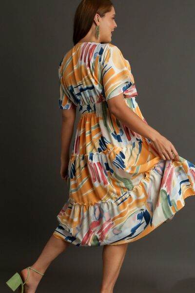 Umgee Abstract Print Flutter Sleeve Frill Tiered Midi Dress Plus Size - us.meeeshop