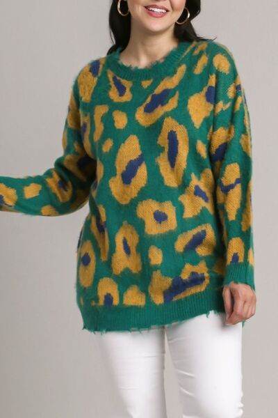 Umgee Leopard Destroyed Rib Band Sweater Plus Size - us.meeeshop